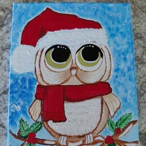 Holiday Owl Canvas Art with Santa Hat 8x10